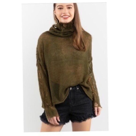 POL Open Weave Turtleneck Sweater In Olive - Picture 1 of 13